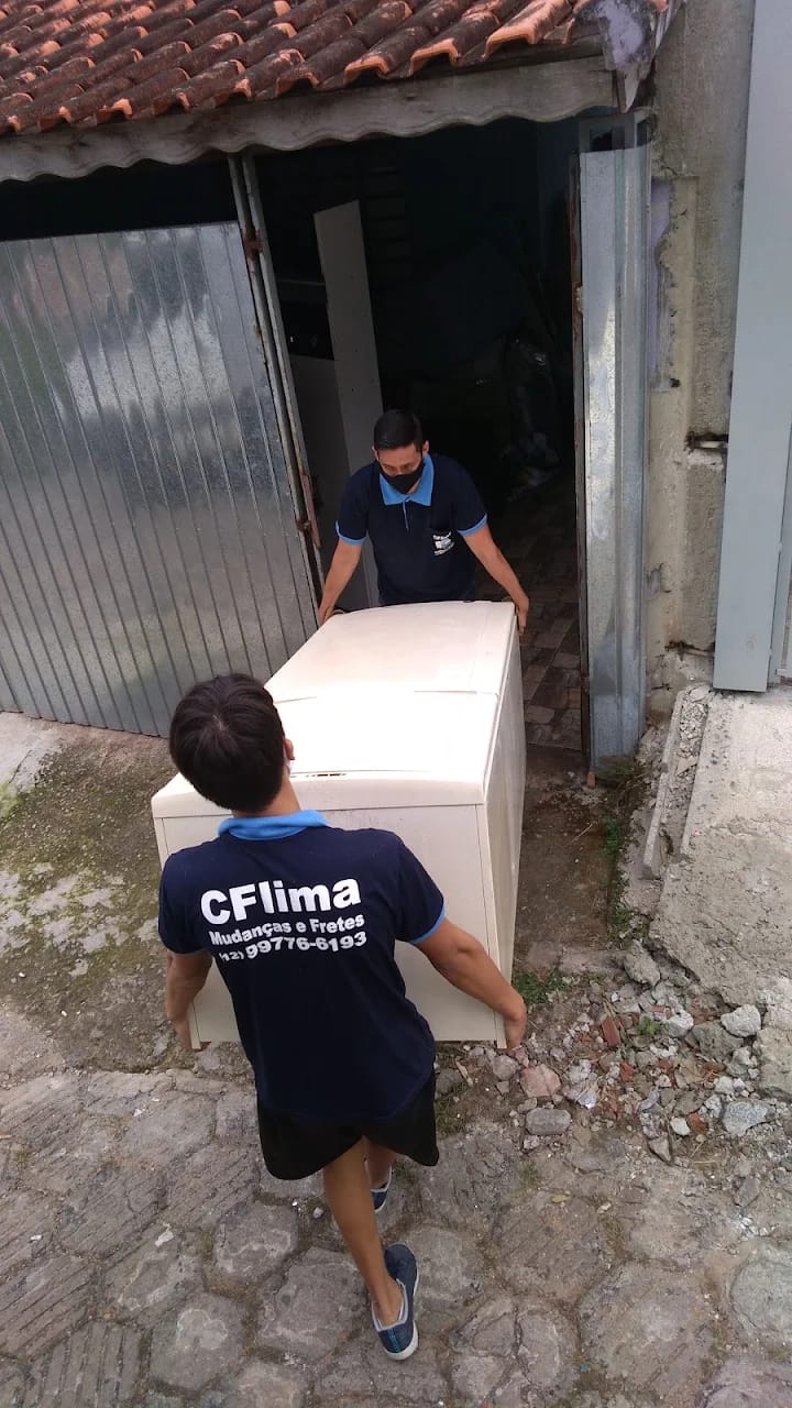 Equipe da CFlima carregando um freezer com cuidado durante uma mudança